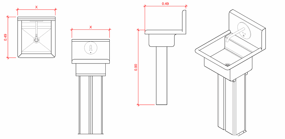 Planos de lavamanos en acero inoxidable de pedestal con sensor